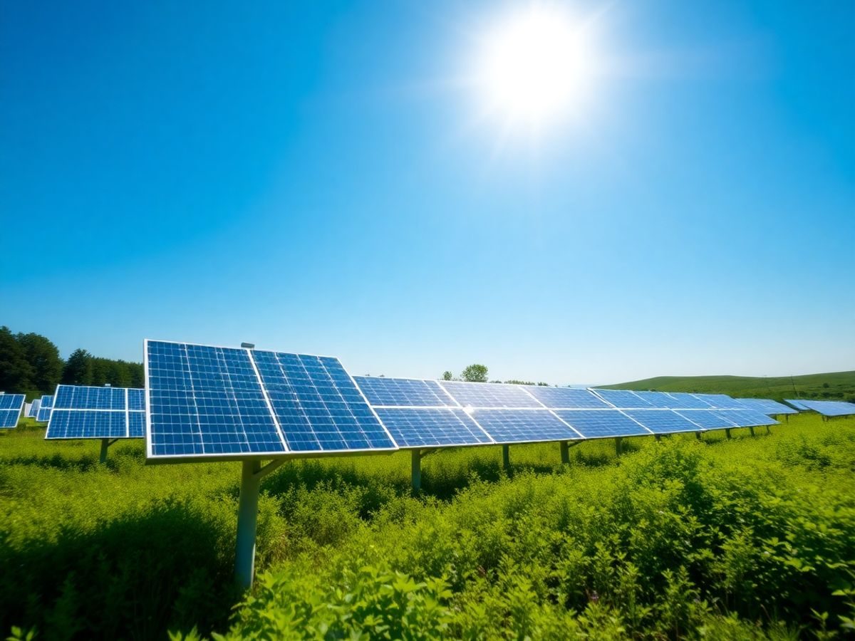 Panouri solare pe fundal verde și cer albastru.