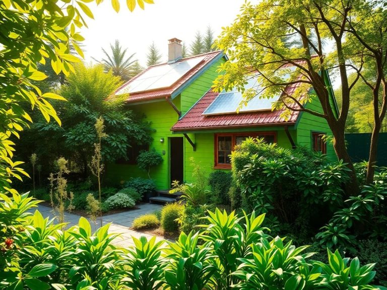 Casa verde înconjurată de plante și copaci verzi.