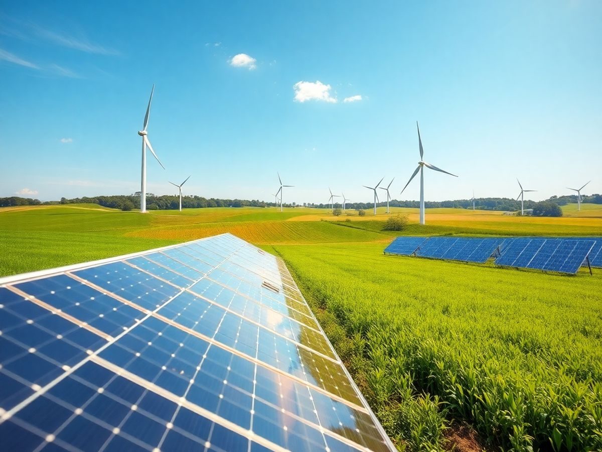 Peisaj cu panouri solare și turbine eoliene verzi.