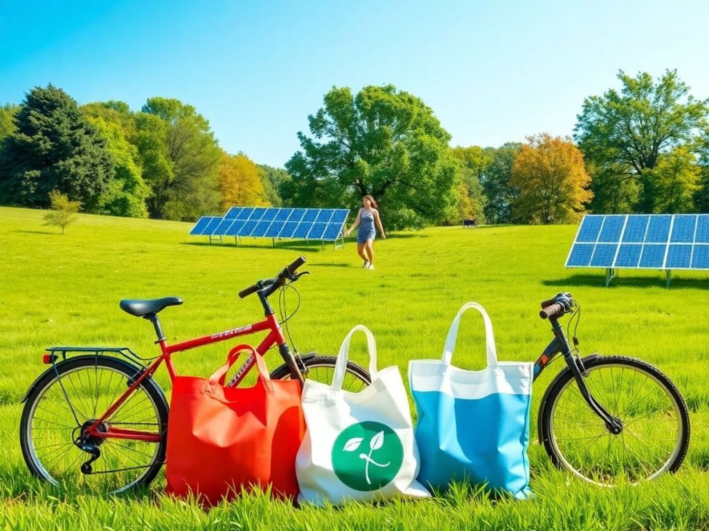Peisaj verde cu bicicleta și panouri solare.