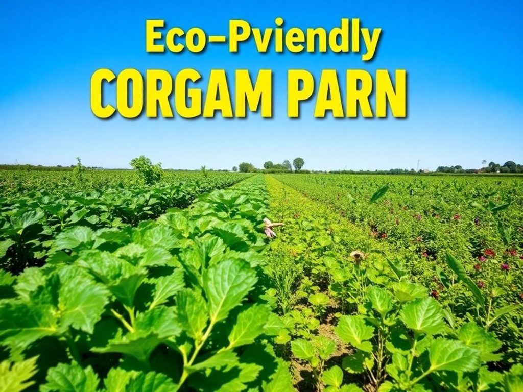 Ferma ecologică cu culturi sănătoase și peisaj natural.