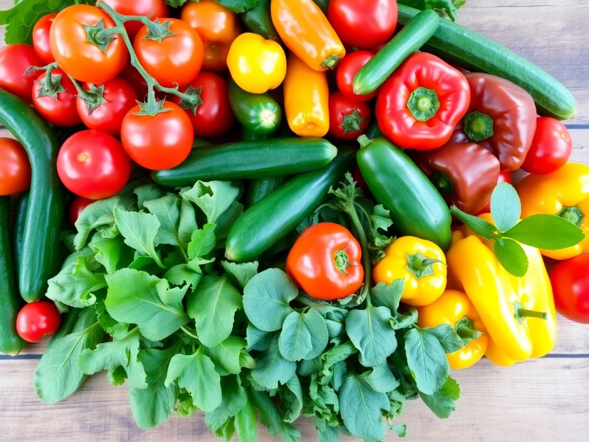 Asortiment de legume proaspete pe o masă rustică.