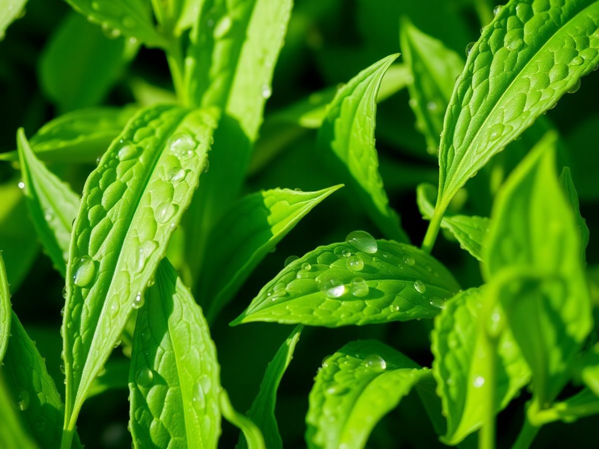 Plante terapeutice proaspete, frunze verzi, în lumină naturală.