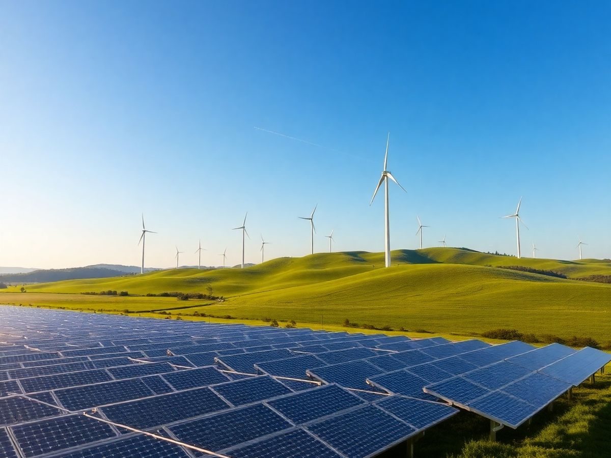 Panouri solare și turbine eoliene pe un deal verde