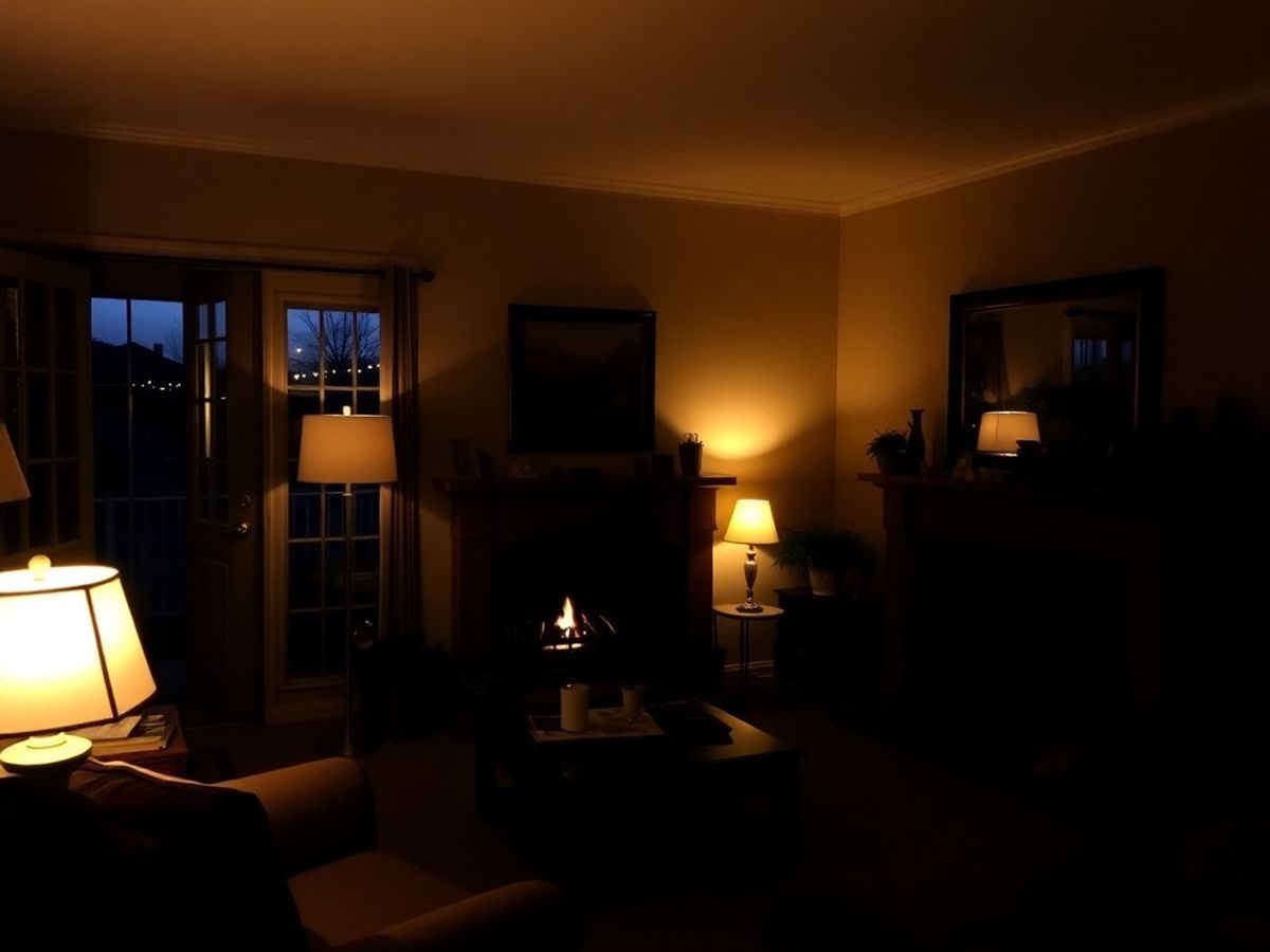 Becuri aprinse într-o casă, cu accente de lumină caldă.