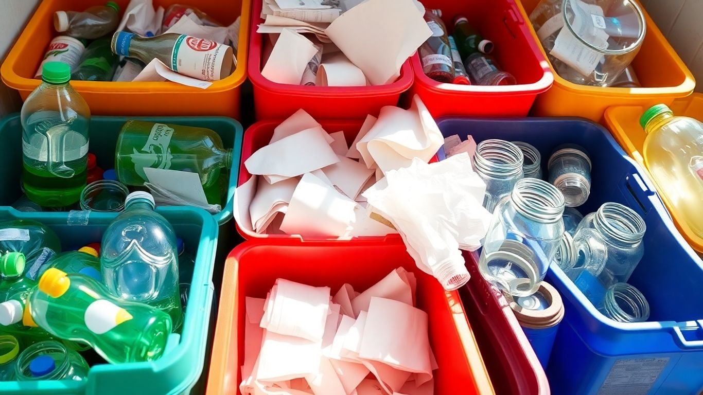 Materiale reciclabile sortate corect în pubele colorate.