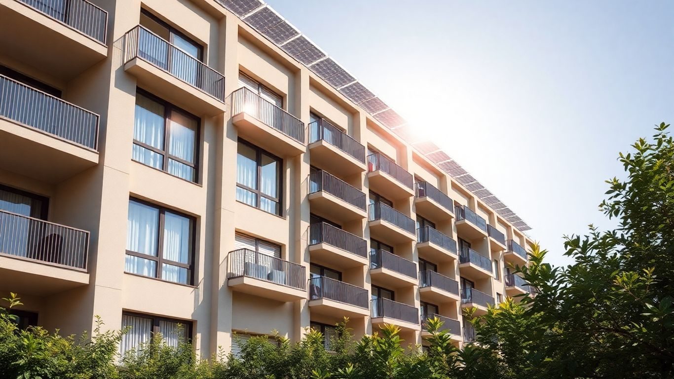 Panouri solare pe acoperișul și balcoanele unui bloc.