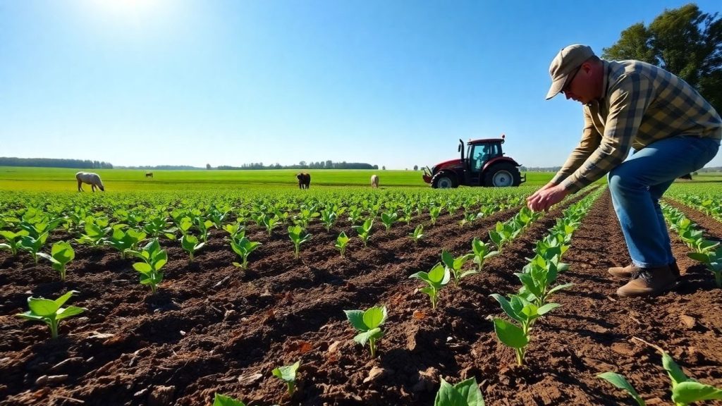 Ferma românească regenerativă cu plante, sol bogat și fermier.
