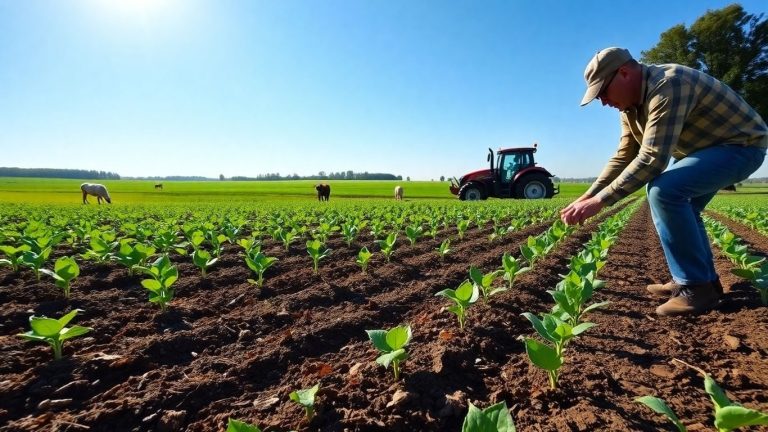 Ferma românească regenerativă cu plante, sol bogat și fermier.