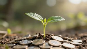 Plantă verde crescând din monede, simbolizând investiții.